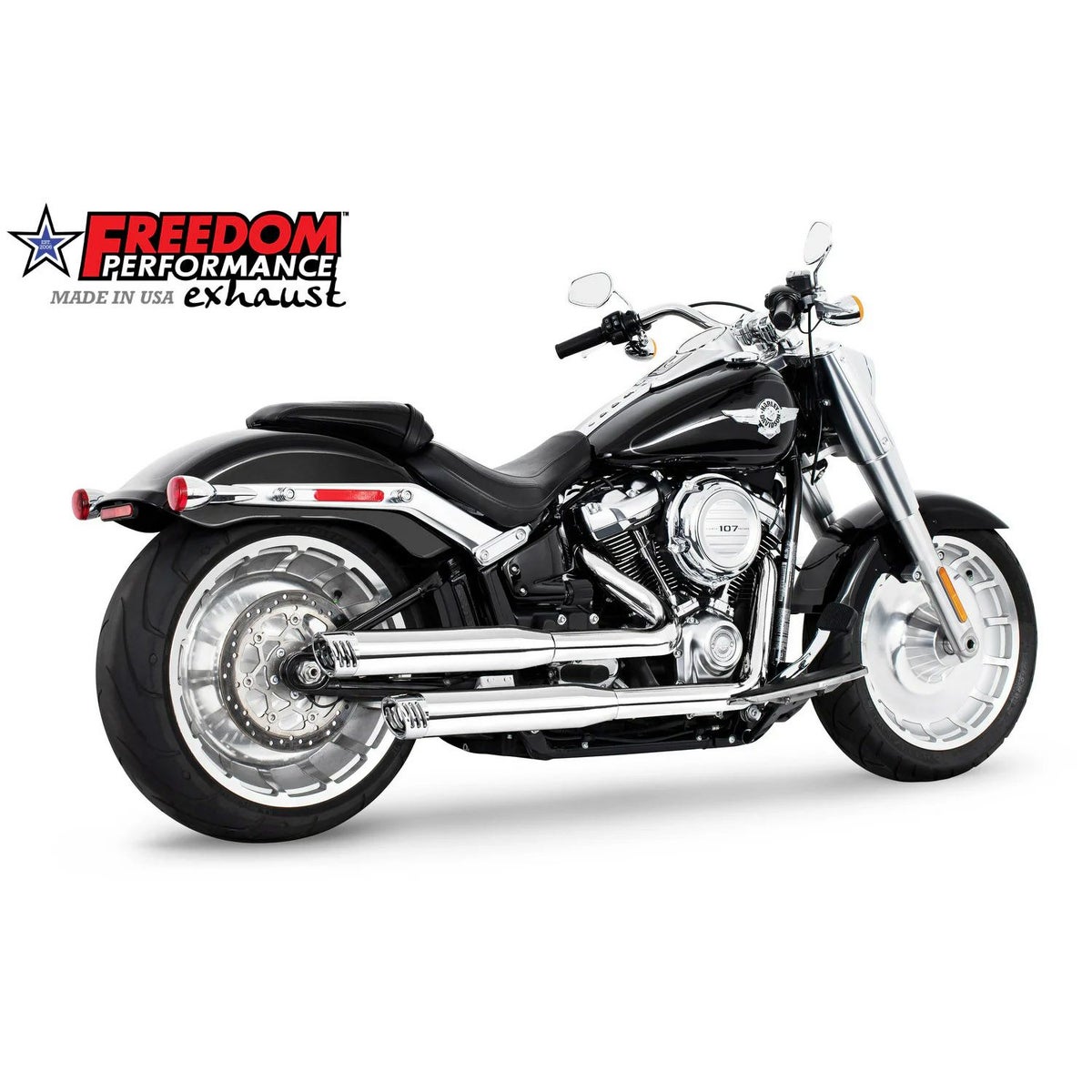  M8 ストリートボブ、ローライダー/S/ST、ブレイクアウト、ファットボーイ 3.25インチ スリップオンマフラー レーシング (クローム) フリーダムパフォーマンス3