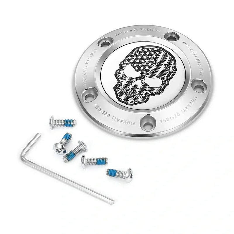 ツインカム ツーリング、ダイナ、ソフテイル、トライク タイマーカバー 星条旗スカルデザイン (シルバー)