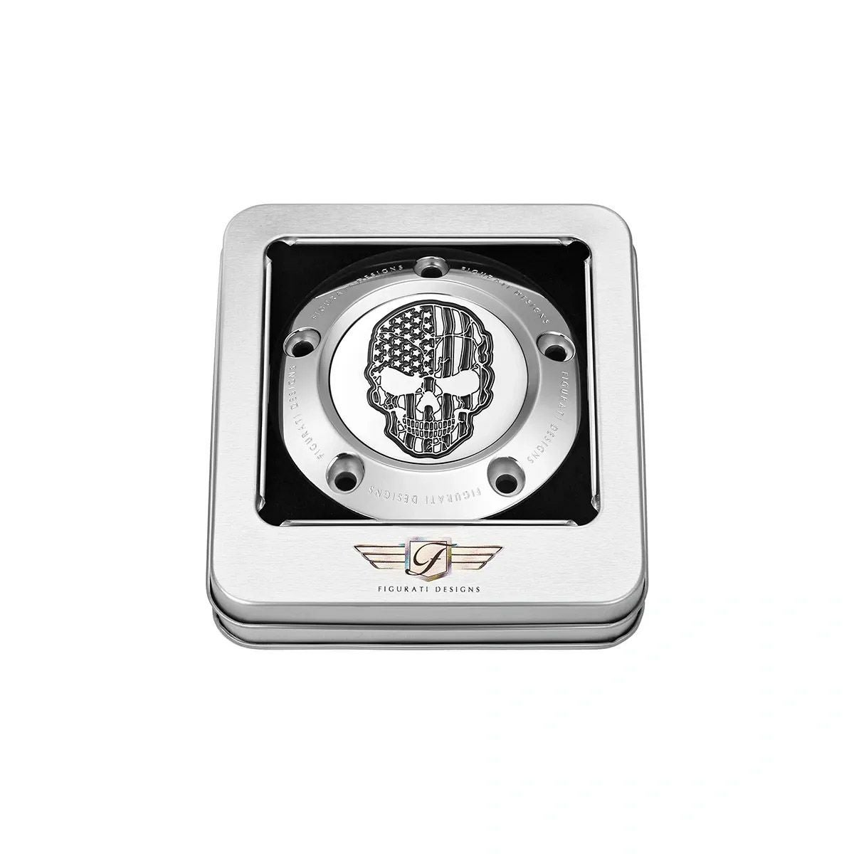 ツインカム ツーリング、ダイナ、ソフテイル、トライク タイマーカバー 星条旗スカルデザイン (シルバー)2