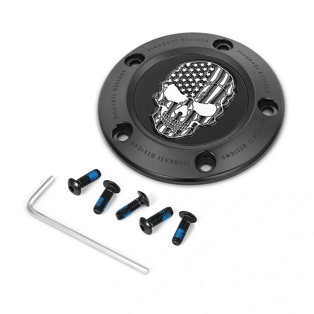  ツインカム ツーリング、ダイナ、ソフテイル、トライク タイマーカバー 星条旗スカルデザイン (ブラック)