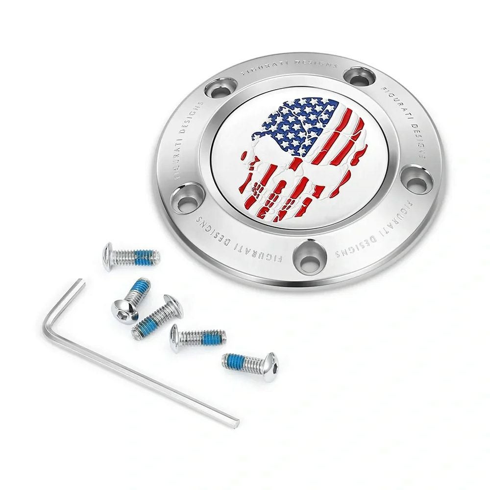 ツインカム ツーリング、ダイナ、ソフテイル、トライク タイマーカバー カラー星条旗スカルデザイン (シルバー)