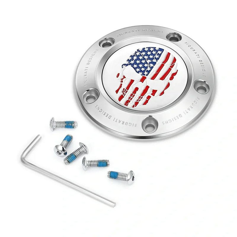 ツインカム ツーリング、ダイナ、ソフテイル、トライク タイマーカバー カラー星条旗スカルデザイン (シルバー)