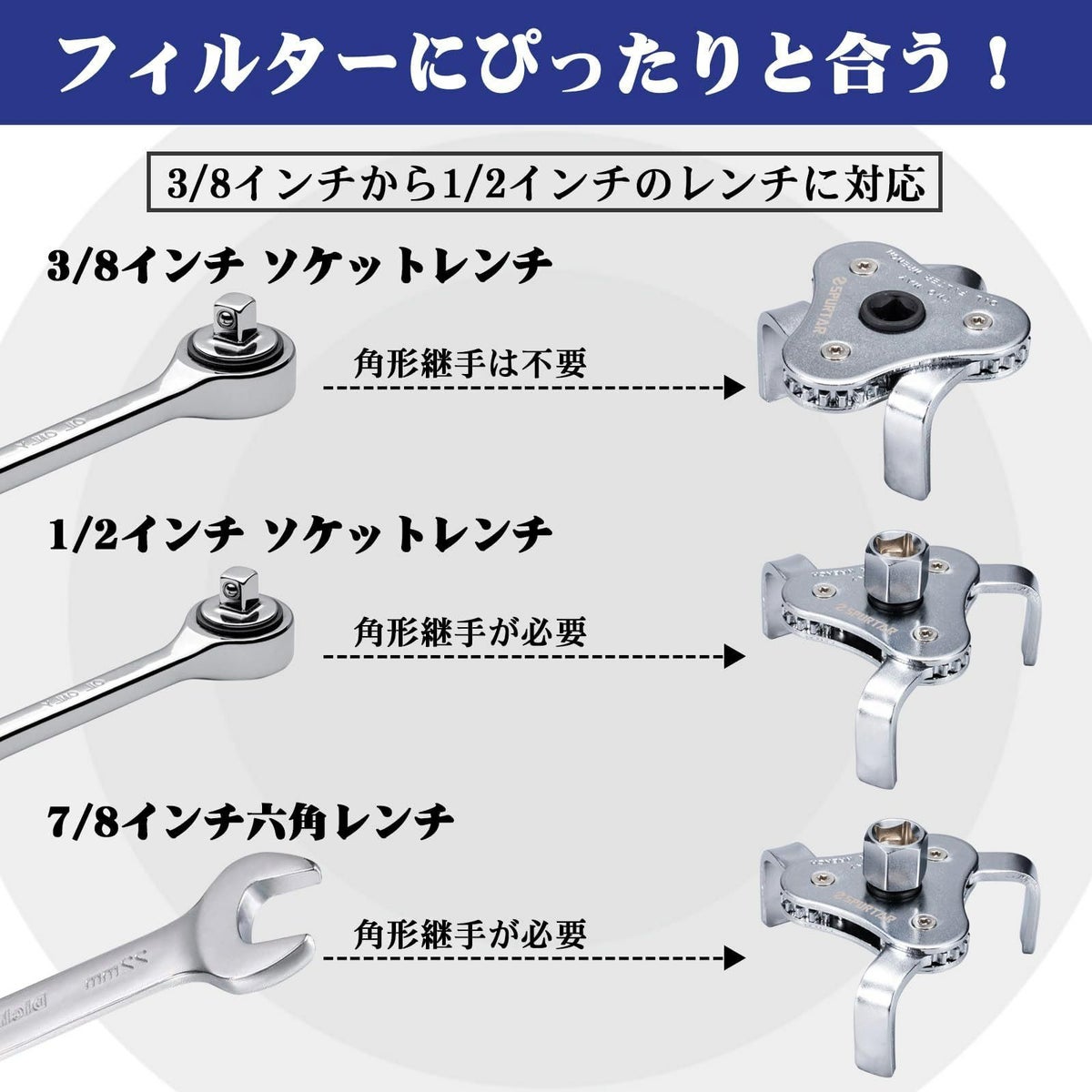  3爪式 オイルフィルターレンチ 64mm～116mm対応5