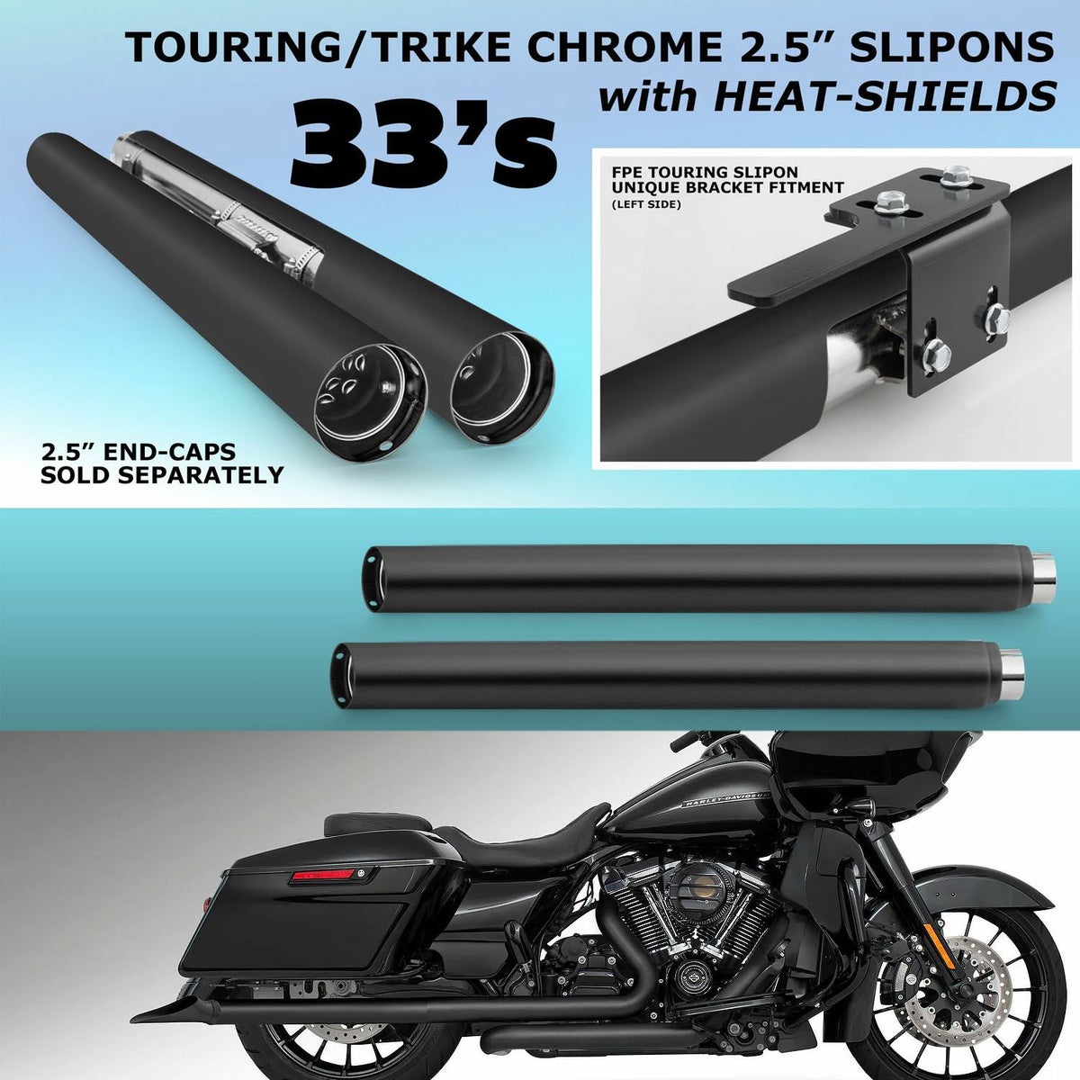 1995～2016 ツーリング 2.5インチ スリップオンマフラー 33インチ ブラック フリーダムパフォーマンス