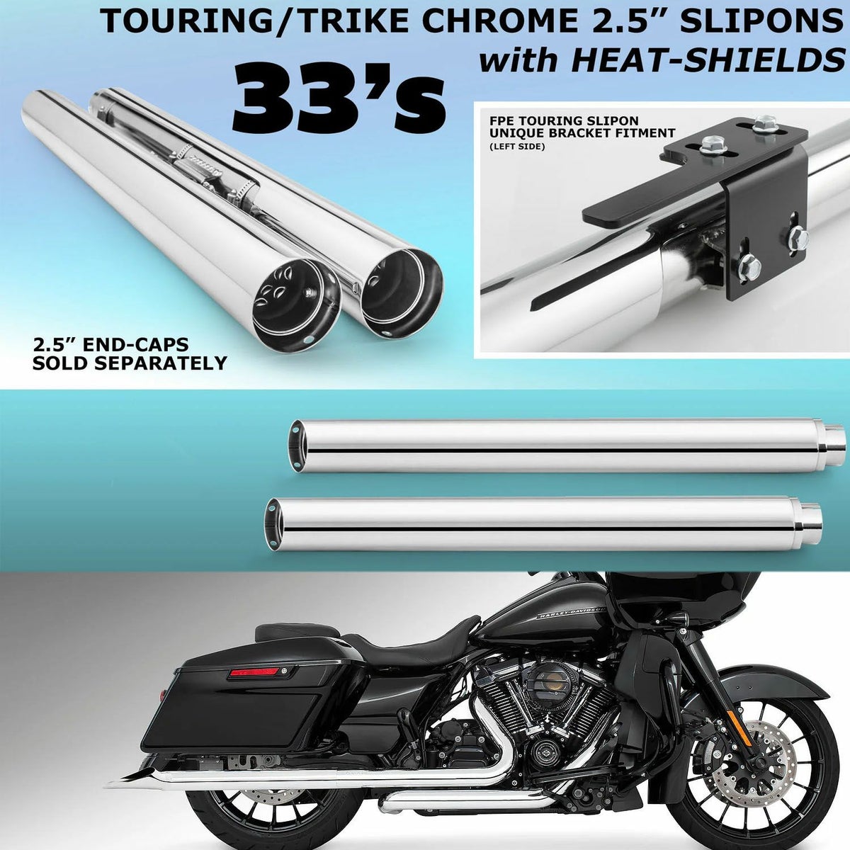 1995～2016 ツーリング 2.5インチ スリップオンマフラー 33インチ クローム フリーダムパフォーマンス