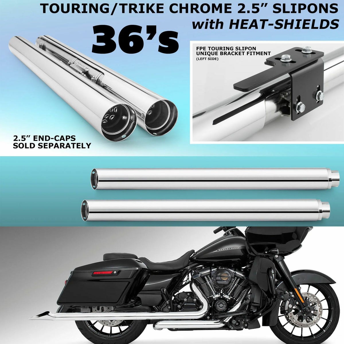 1995～2016 ツーリング 2.5インチ スリップオンマフラー 36インチ クローム フリーダムパフォーマンス