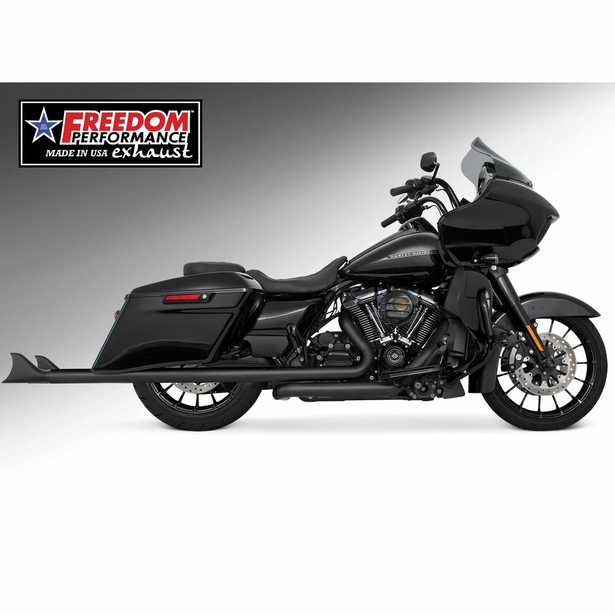 M8 ツーリング 2.5インチ径 トゥルーデュアル フルエキゾーストマフラー 42インチ シャークテール エンドキャップ ブラック フリーダムパフォーマンス 2