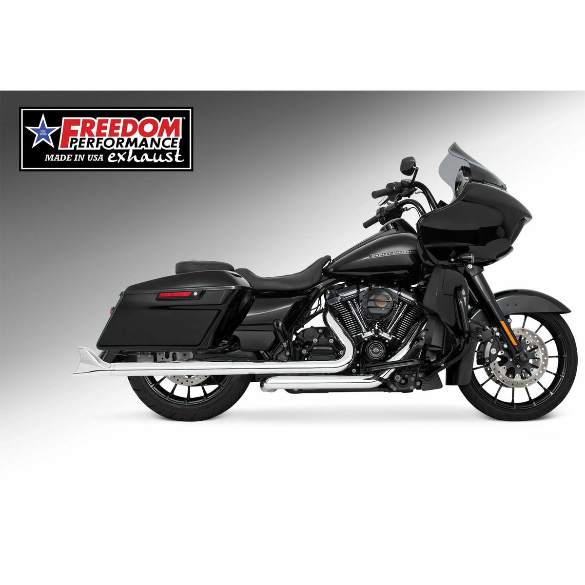 M8 ツーリング 2.5インチ径 トゥルーデュアル フルエキゾーストマフラー 33インチ シャークテール エンドキャップ クローム フリーダムパフォーマンス 2