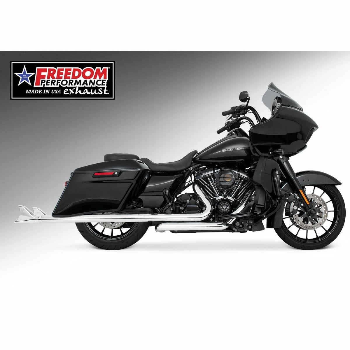 M8 ツーリング 2.5インチ径 トゥルーデュアル フルエキゾーストマフラー 39インチ シャークテール エンドキャップ クローム フリーダムパフォーマンス 2