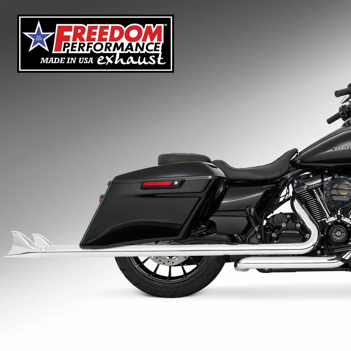 M8 ツーリング 2.5インチ径 トゥルーデュアル フルエキゾーストマフラー 42インチ シャークテール エンドキャップ クローム フリーダムパフォーマンス