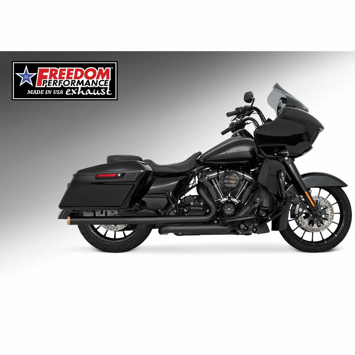 M8 ツーリング 2.5インチ径 トゥルーデュアル フルエキゾーストマフラー 33インチ ストレートエンドキャップ ブラック/ゴールド フリーダムパフォーマンス 2