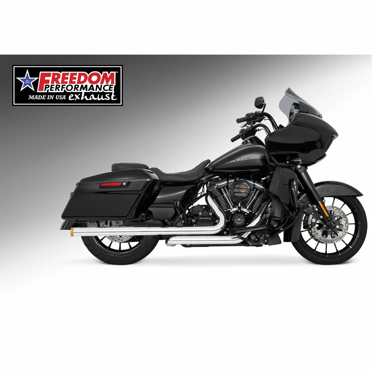 M8 ツーリング 2.5インチ径 トゥルーデュアル フルエキゾーストマフラー 33インチ ストレートエンドキャップ クローム/ゴールド フリーダムパフォーマンス 2