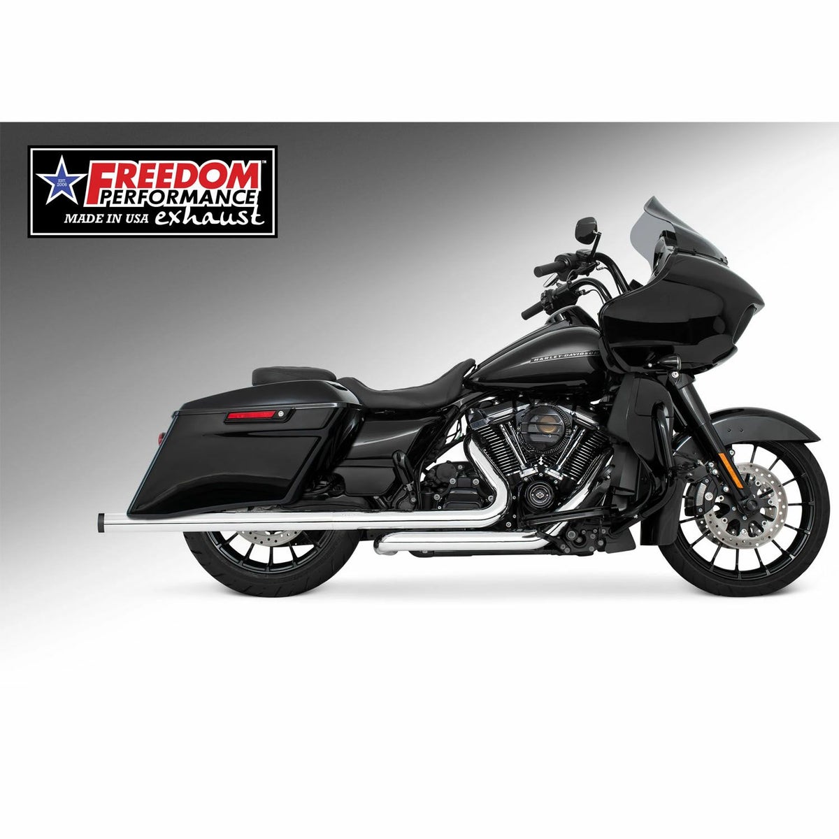M8 ツーリング 2.5インチ径 トゥルーデュアル フルエキゾーストマフラー 39インチ ストレートエンドキャップ クローム/ブラック フリーダムパフォーマンス 2