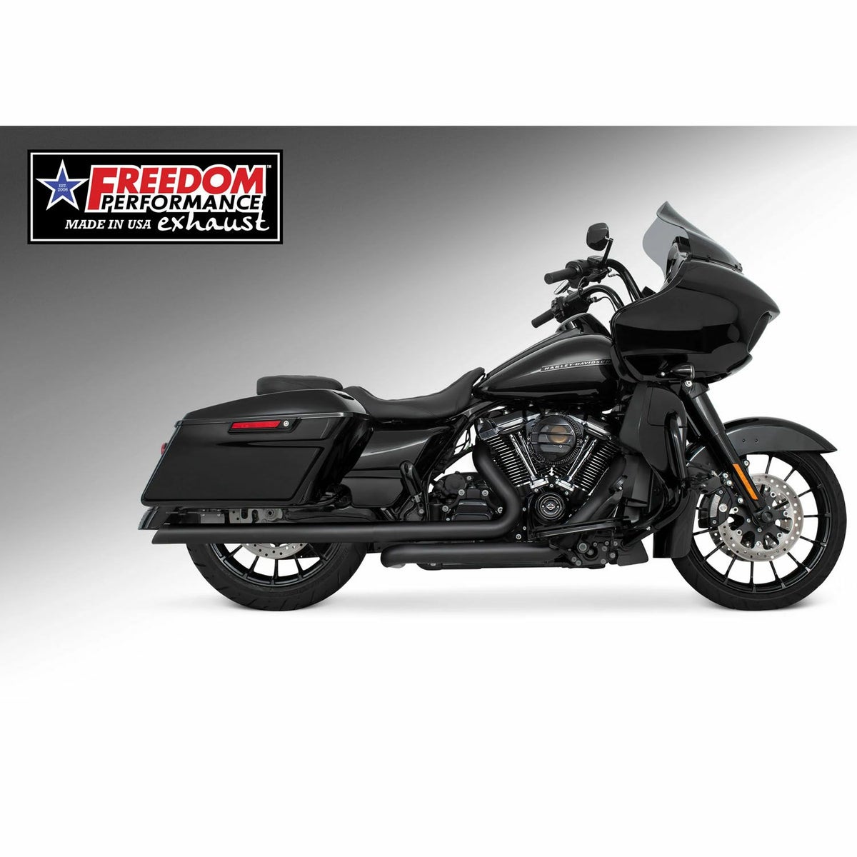 M8 ツーリング 2.5インチ径 トゥルーデュアル フルエキゾーストマフラー 33インチ スラッシュカットエンドキャップ ブラック/ブラック フリーダムパフォーマンス 2