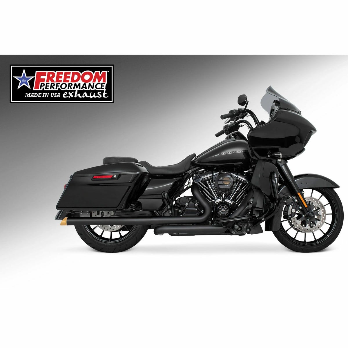 M8 ツーリング 2.5インチ径 トゥルーデュアル フルエキゾーストマフラー 33インチ スラッシュカットエンドキャップ ブラック/ゴールド フリーダムパフォーマンス 2