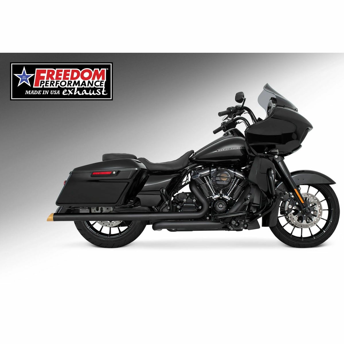 M8 ツーリング 2.5インチ径 トゥルーデュアル フルエキゾーストマフラー 36インチ スラッシュカットエンドキャップ ブラック/ゴールド フリーダムパフォーマンス 2