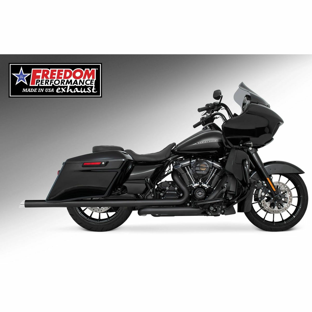 M8 ツーリング 2.5インチ径 トゥルーデュアル フルエキゾーストマフラー 42インチ スラッシュカットエンドキャップ ブラック/クローム フリーダムパフォーマンス 2