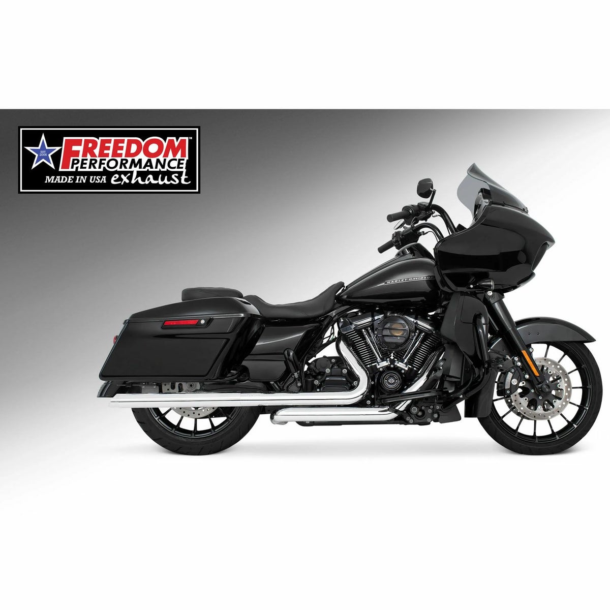 M8 ツーリング 2.5インチ径 トゥルーデュアル フルエキゾーストマフラー 33インチ スラッシュカットエンドキャップ クローム/クローム フリーダムパフォーマンス 2