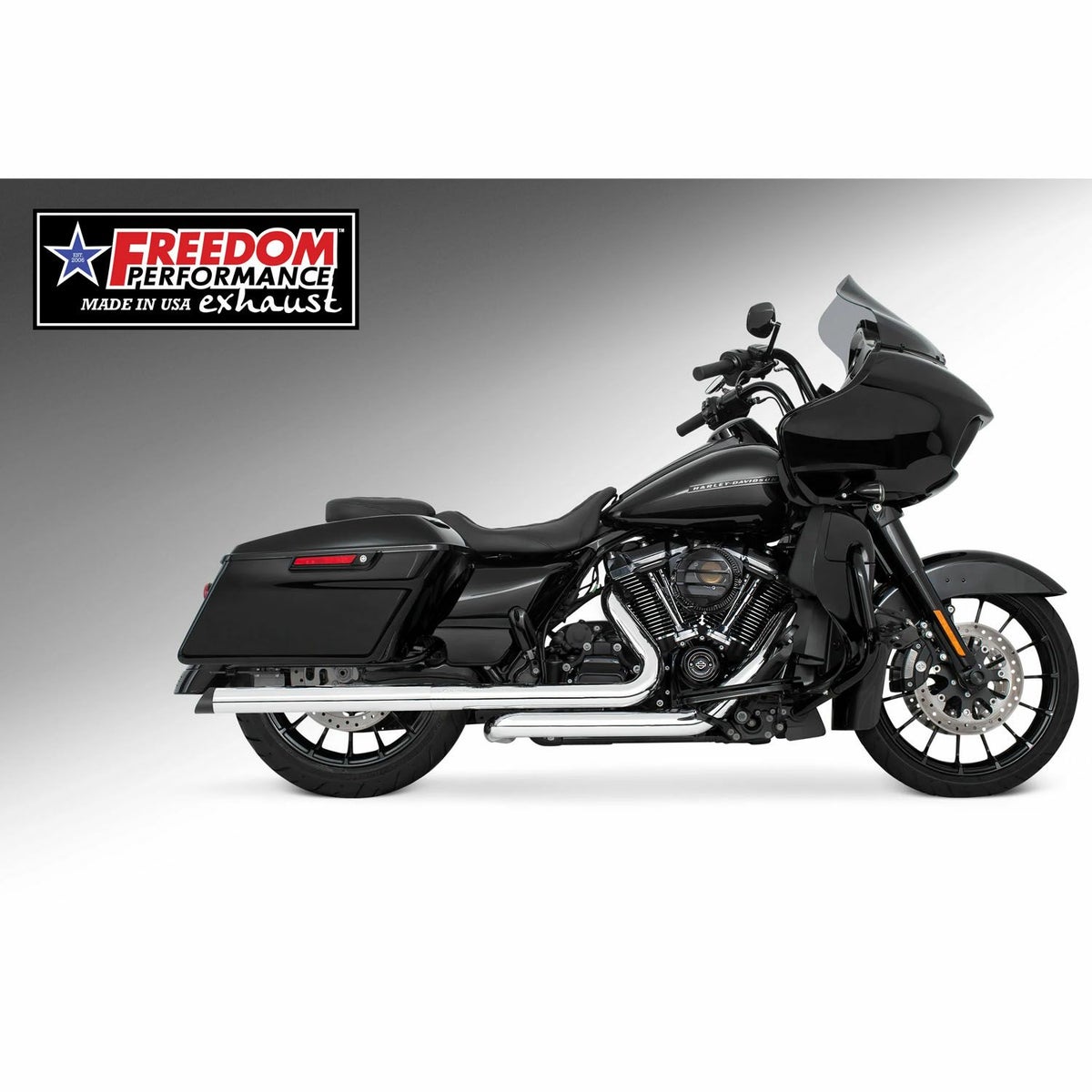 M8 ツーリング 2.5インチ径 トゥルーデュアル フルエキゾーストマフラー 33インチ スラッシュカットエンドキャップ クローム/ブラック フリーダムパフォーマンス 2