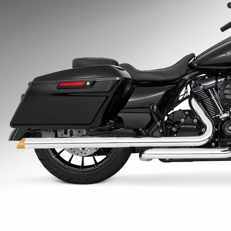 M8 ツーリング 2.5インチ径 トゥルーデュアル フルエキゾーストマフラー 33インチ スラッシュカットエンドキャップ クローム/ゴールド フリーダムパフォーマンス