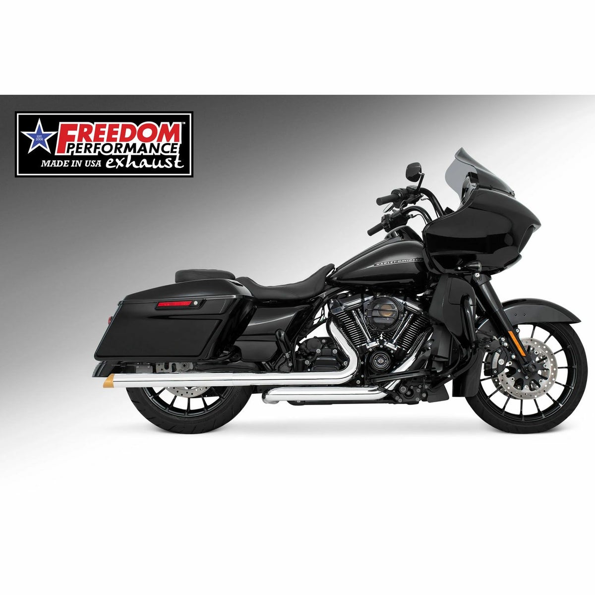 M8 ツーリング 2.5インチ径 トゥルーデュアル フルエキゾーストマフラー 33インチ スラッシュカットエンドキャップ クローム/ゴールド フリーダムパフォーマンス 2