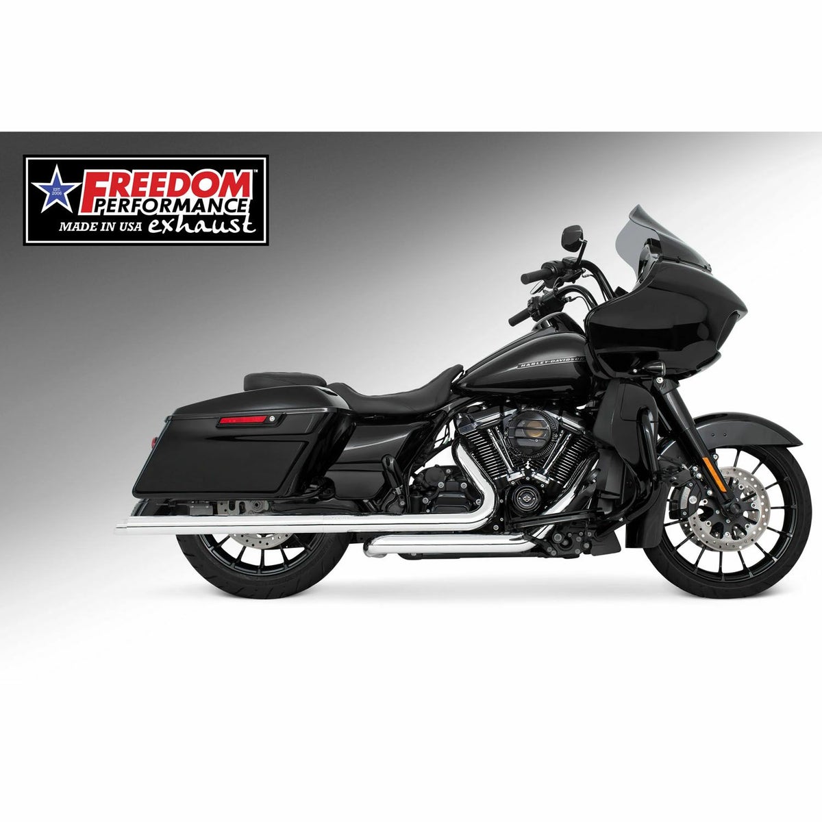 M8 ツーリング 2.5インチ径 トゥルーデュアル フルエキゾーストマフラー 36インチ スラッシュカットエンドキャップ クローム/クローム フリーダムパフォーマンス 2