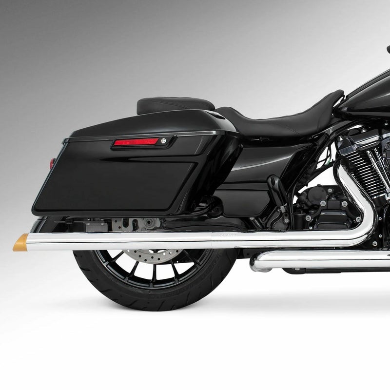 M8 ツーリング 2.5インチ径 トゥルーデュアル フルエキゾーストマフラー 36インチ スラッシュカットエンドキャップ クローム/ゴールド フリーダムパフォーマンス