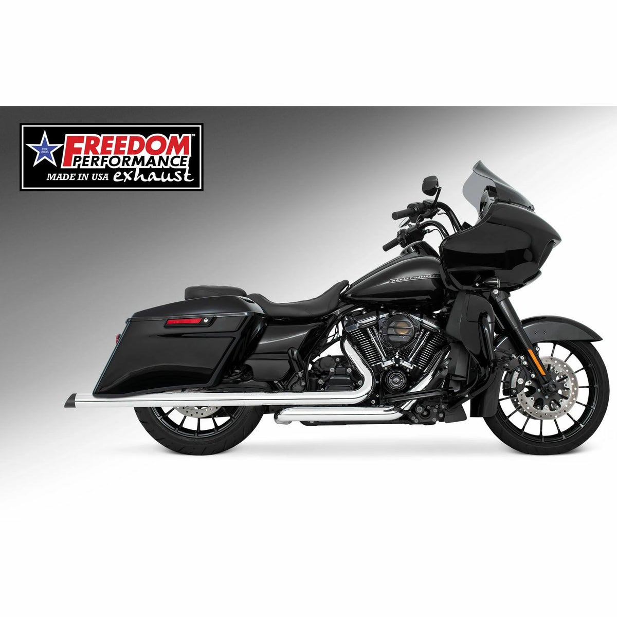 M8 ツーリング 2.5インチ径 トゥルーデュアル フルエキゾーストマフラー 39インチ スラッシュカットエンドキャップ クローム/ブラック フリーダムパフォーマンス 2