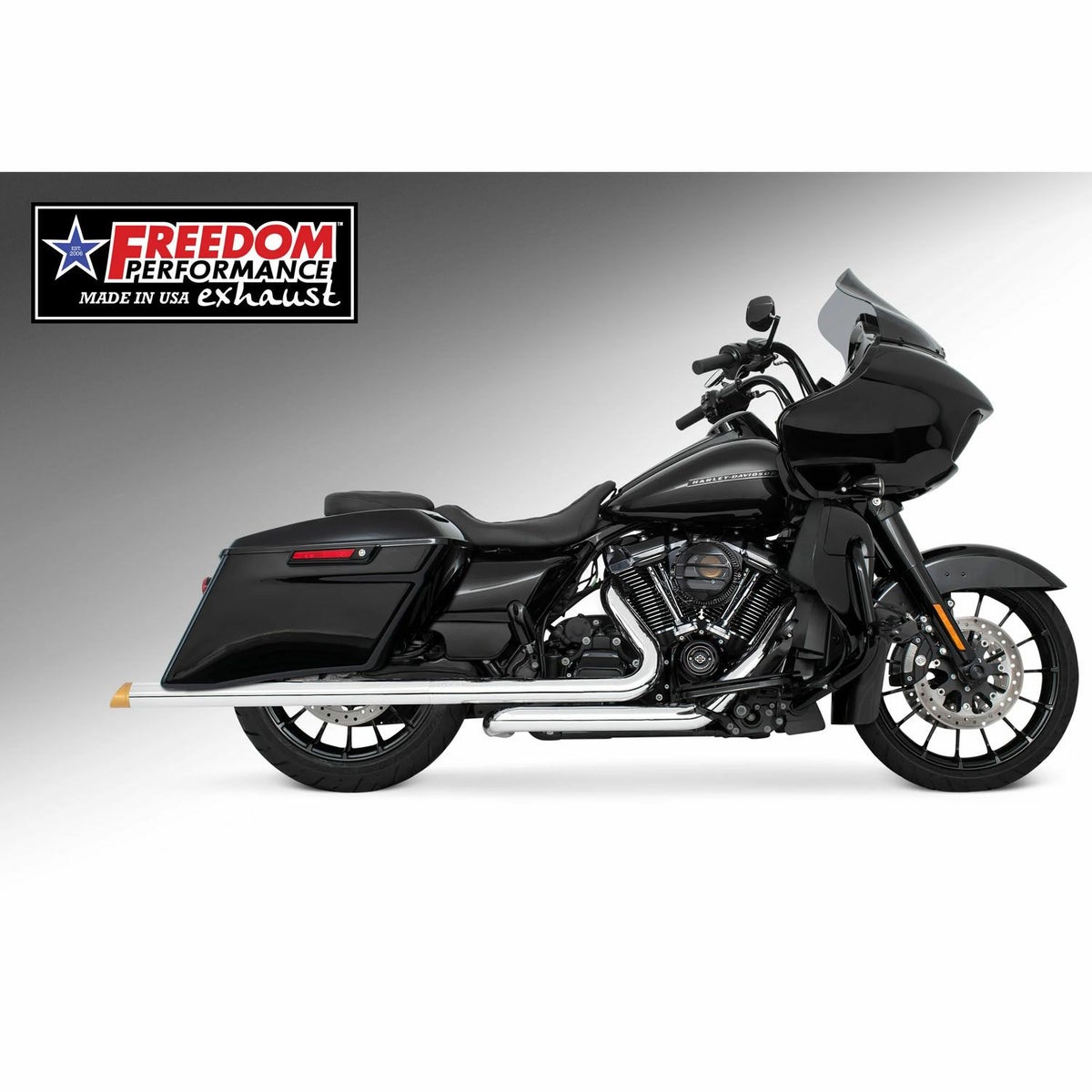 M8 ツーリング 2.5インチ径 トゥルーデュアル フルエキゾーストマフラー 39インチ スラッシュカットエンドキャップ クローム/ゴールド フリーダムパフォーマンス 2