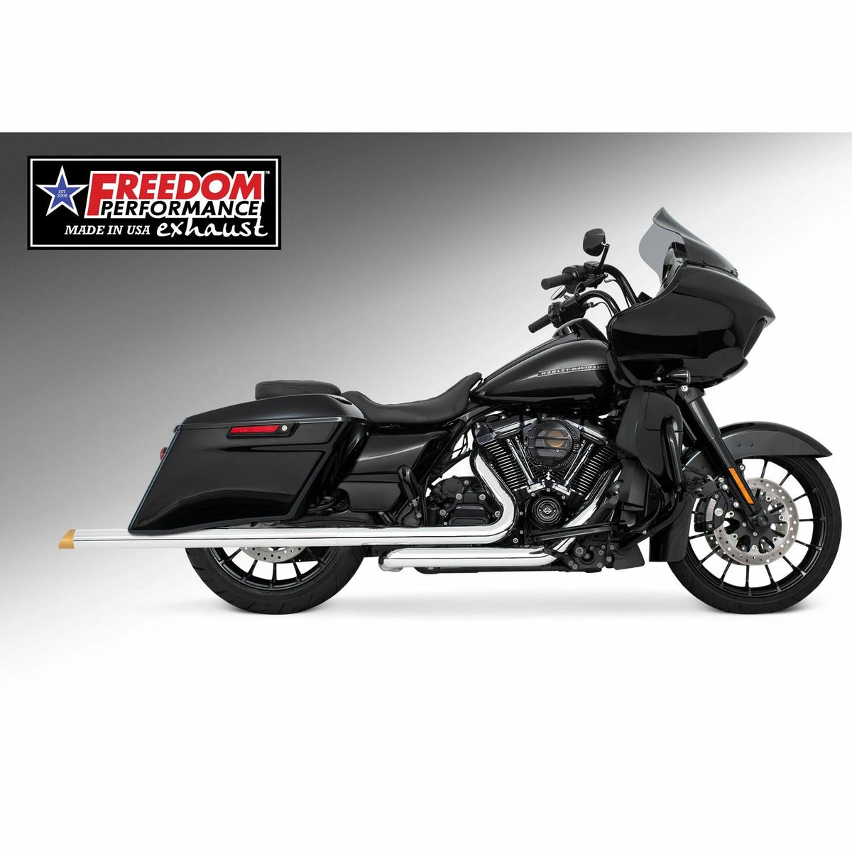 M8 ツーリング 2.5インチ径 トゥルーデュアル フルエキゾーストマフラー 42インチ スラッシュカットエンドキャップ クローム/ゴールド フリーダムパフォーマンス 2