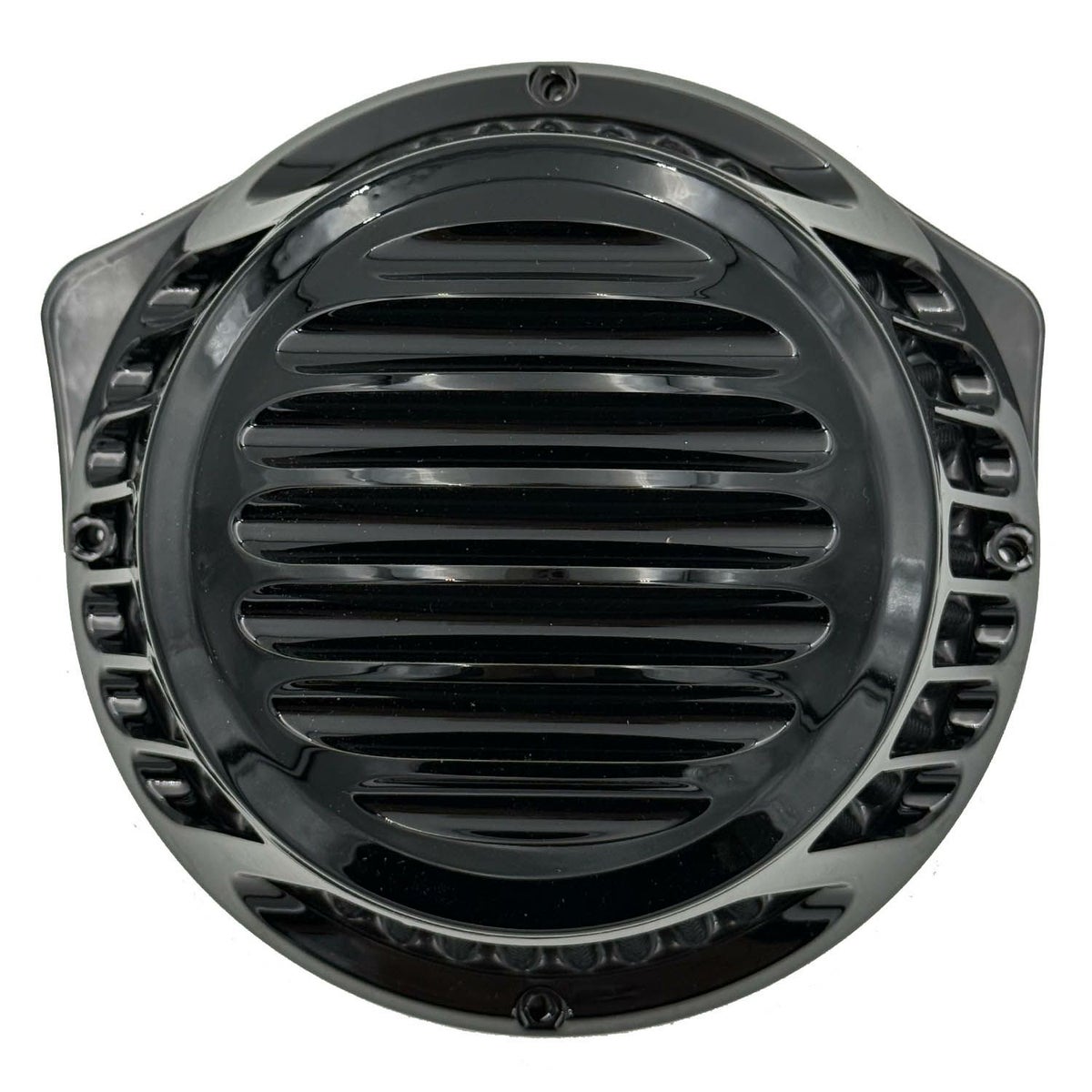 Rough Crafts フィンデザイン ラウンドエアクリーナー M8 ツーリング、ソフテイル用 グロスブラック