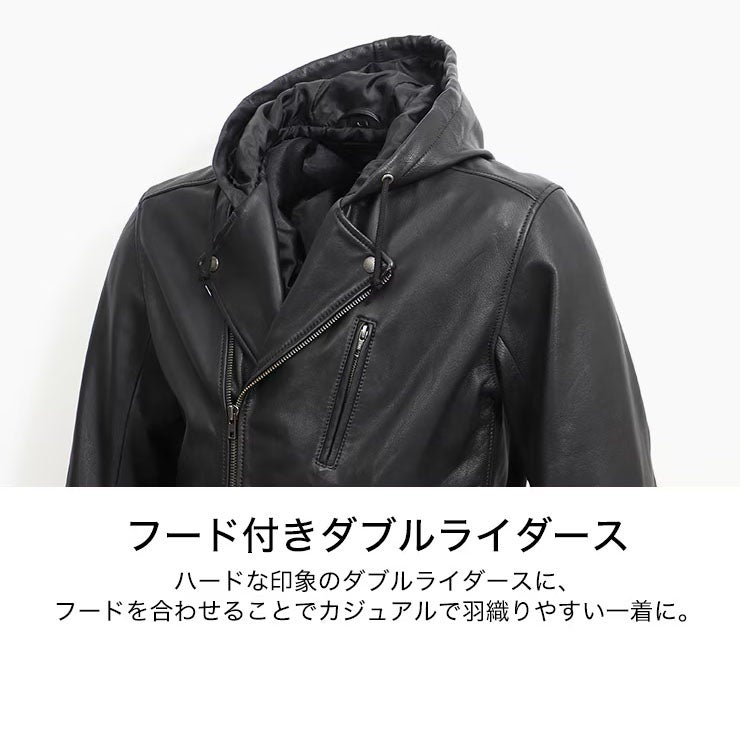 DEGNER デグナー フード付き ゴートレザーダブルライダース ジャケット ブラック 7