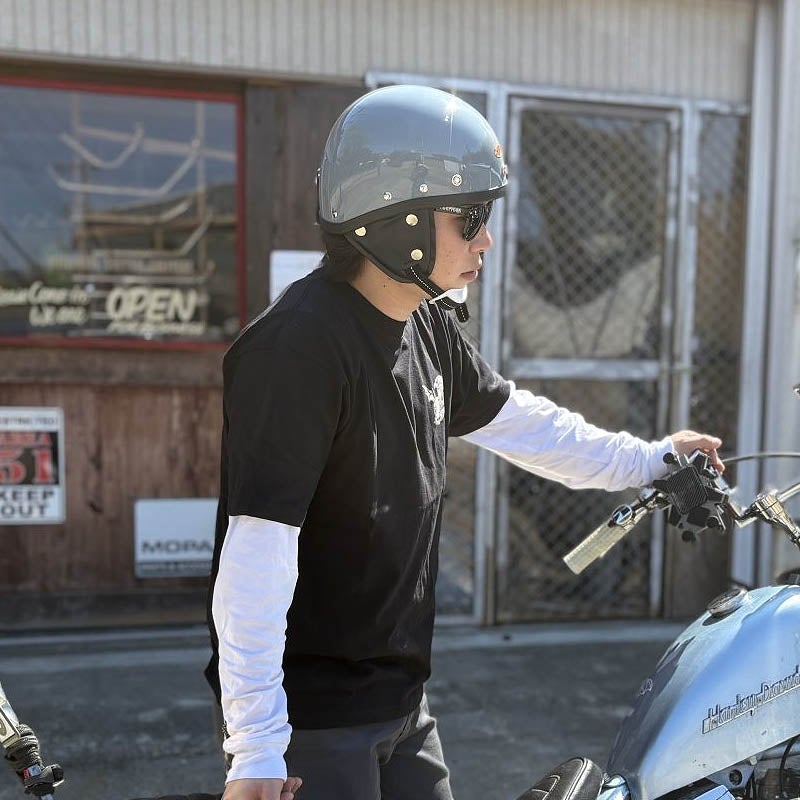 CHOPPERS オリジナル MORRIS ミニブラックバイザー付き ハーフヘルメット ホワイトチンガード ダッジグレー 4