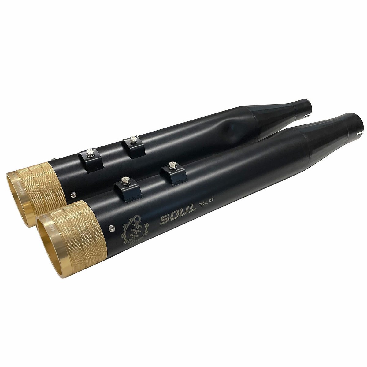 1995～2016 ツーリング ステンレス 4.5インチ スリップオンマフラー ブラック/ゴールドエンド SOUL 3